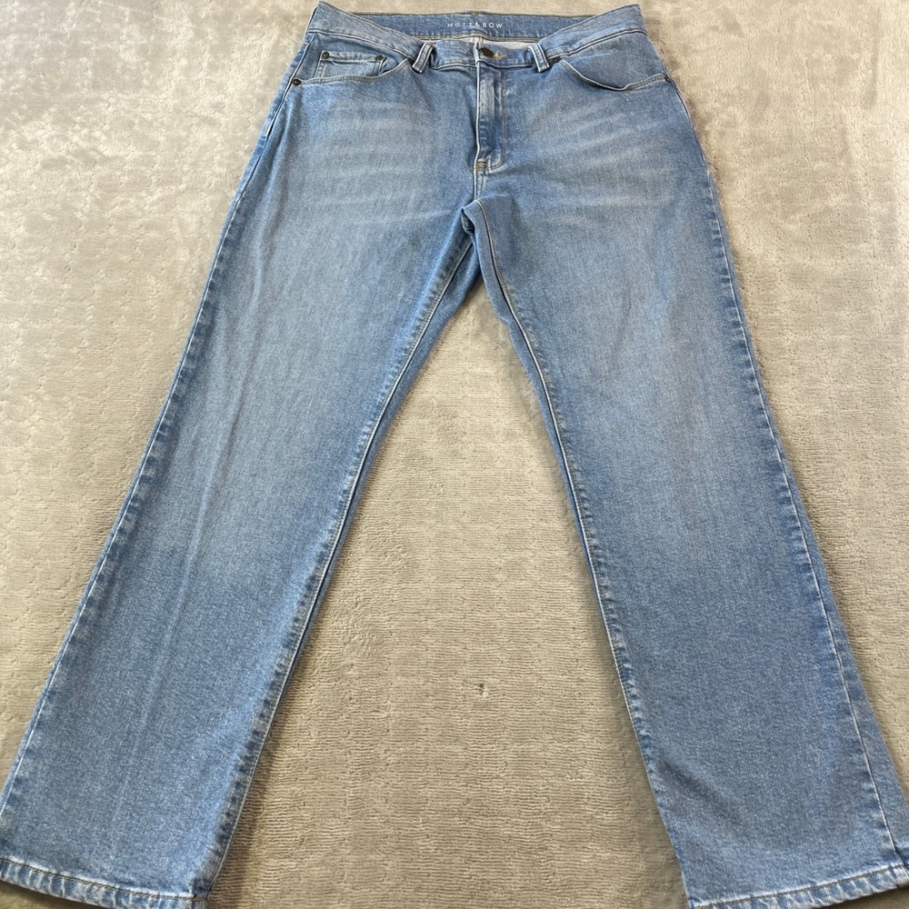 Mott Bow Jeans Straight Men 34x30 Blue Medium Wash Denim Stretch Casual Whiskers